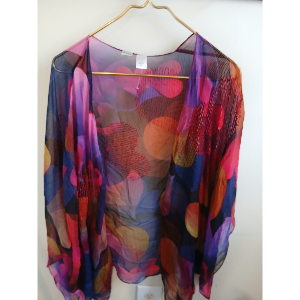 Chicos Silk Kimono Cardigan Abstract Heart‎ Print Sheer Open Front M L